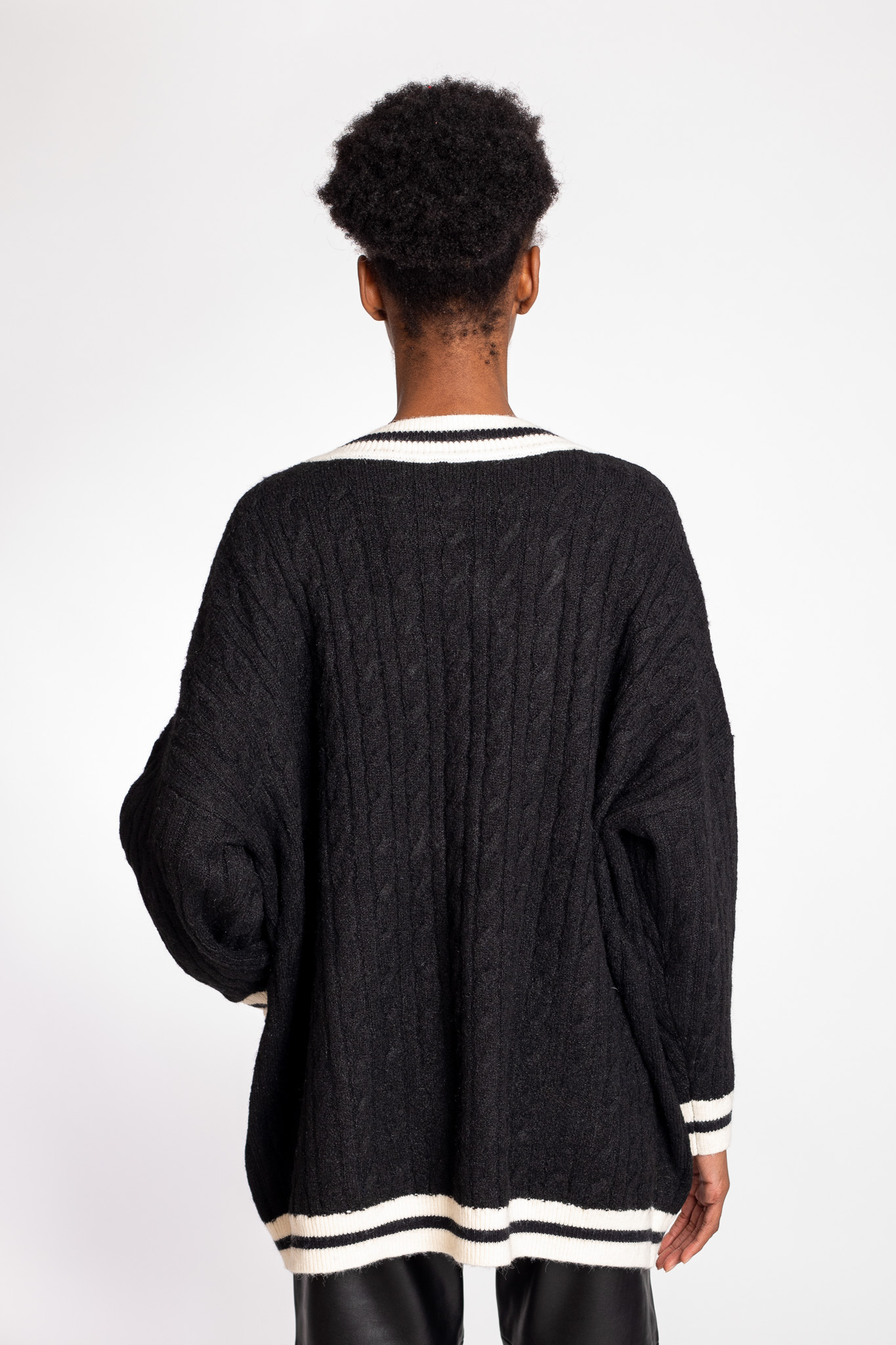 black cardigan back view