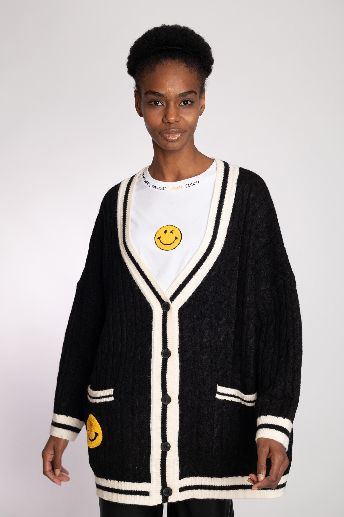 smiley face black cardigan
