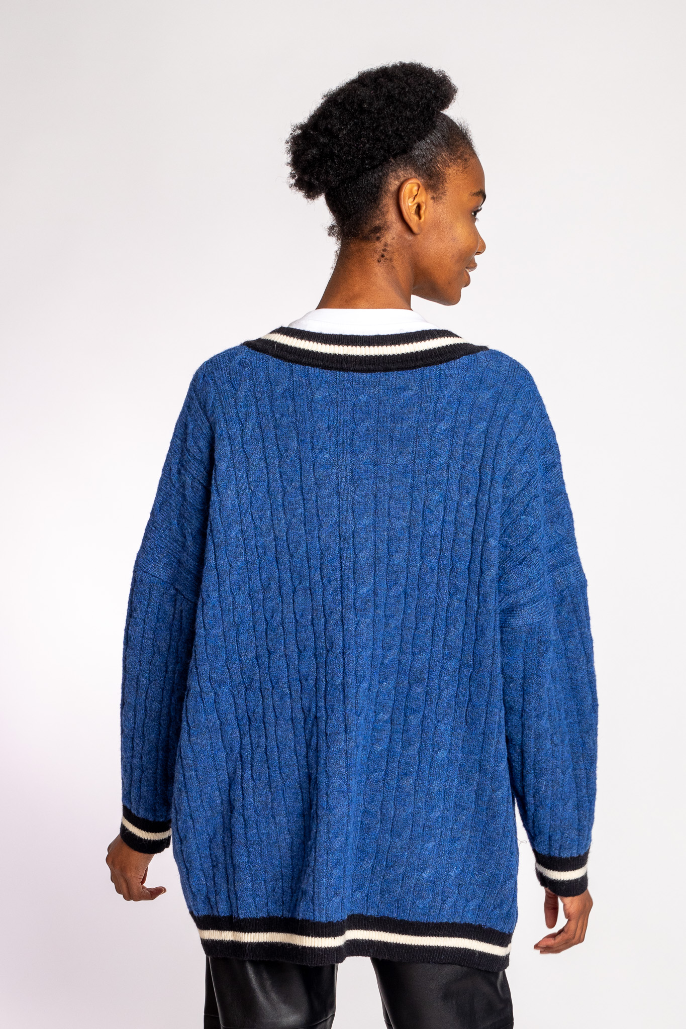 blue cardigan back view