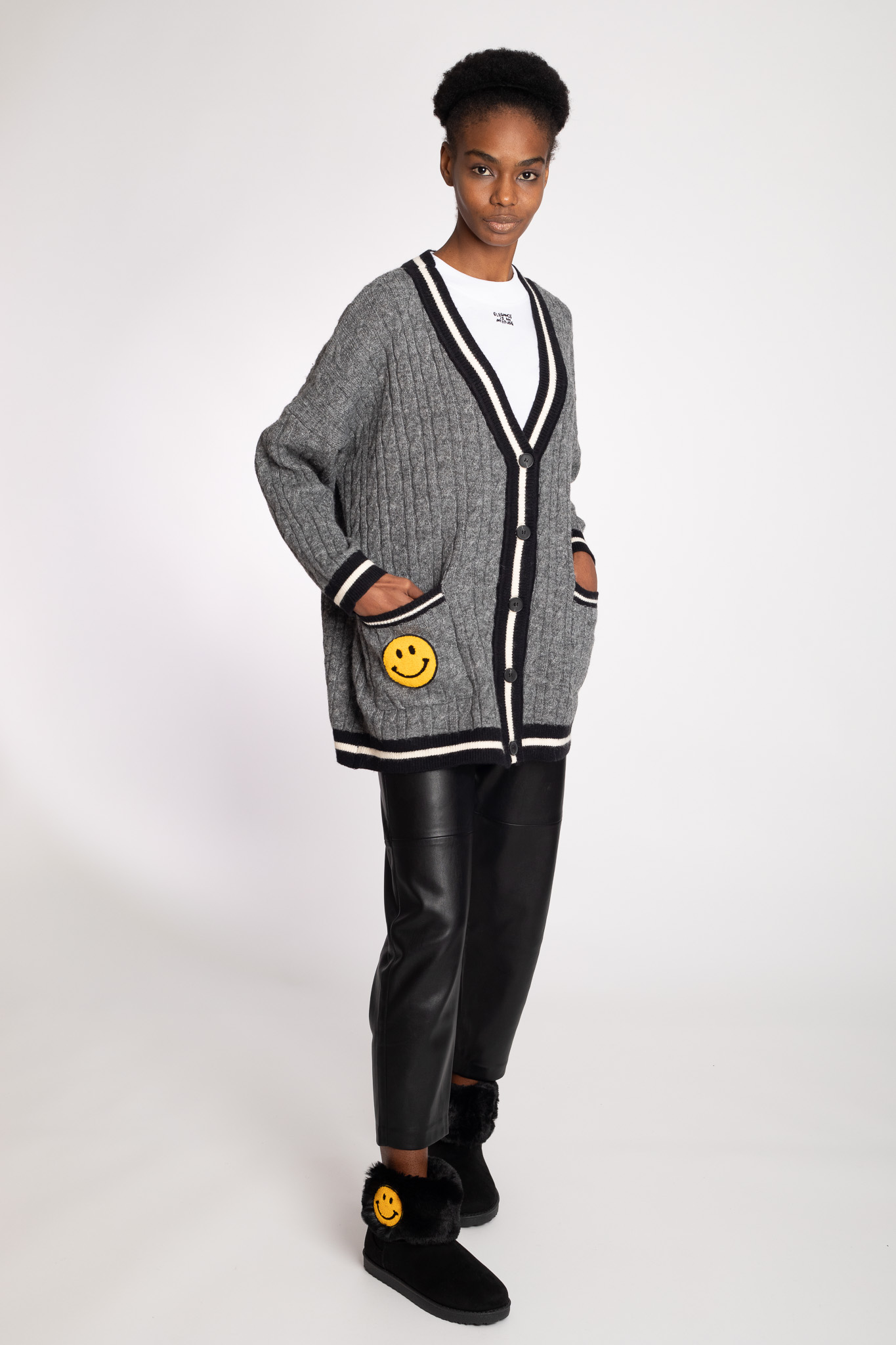 smiley face grey cardigan