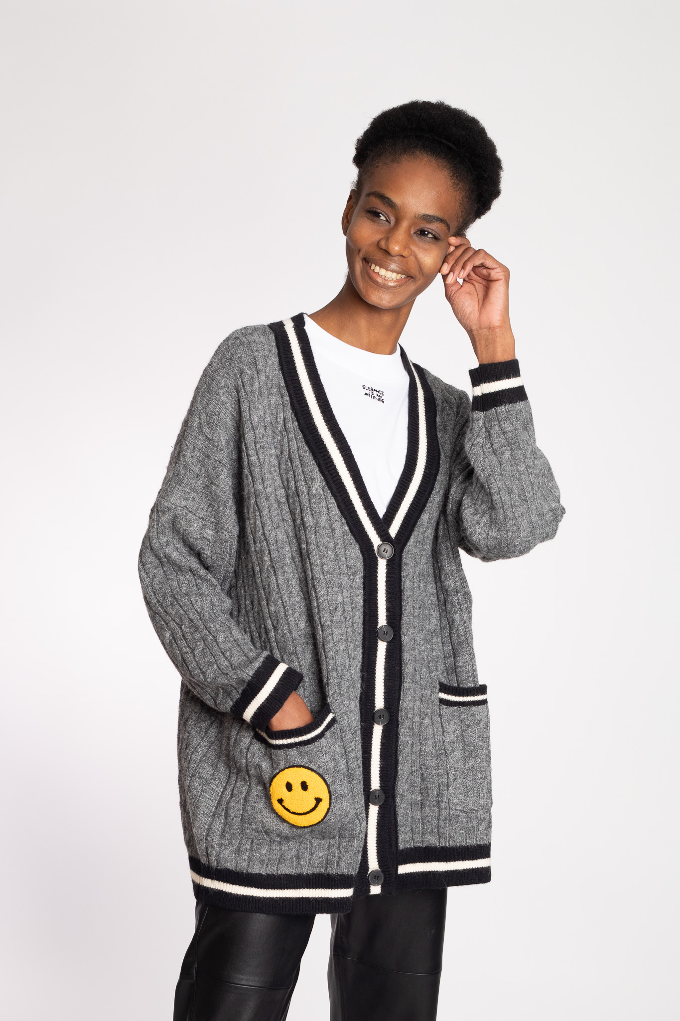 Grey cardigan with smiley face