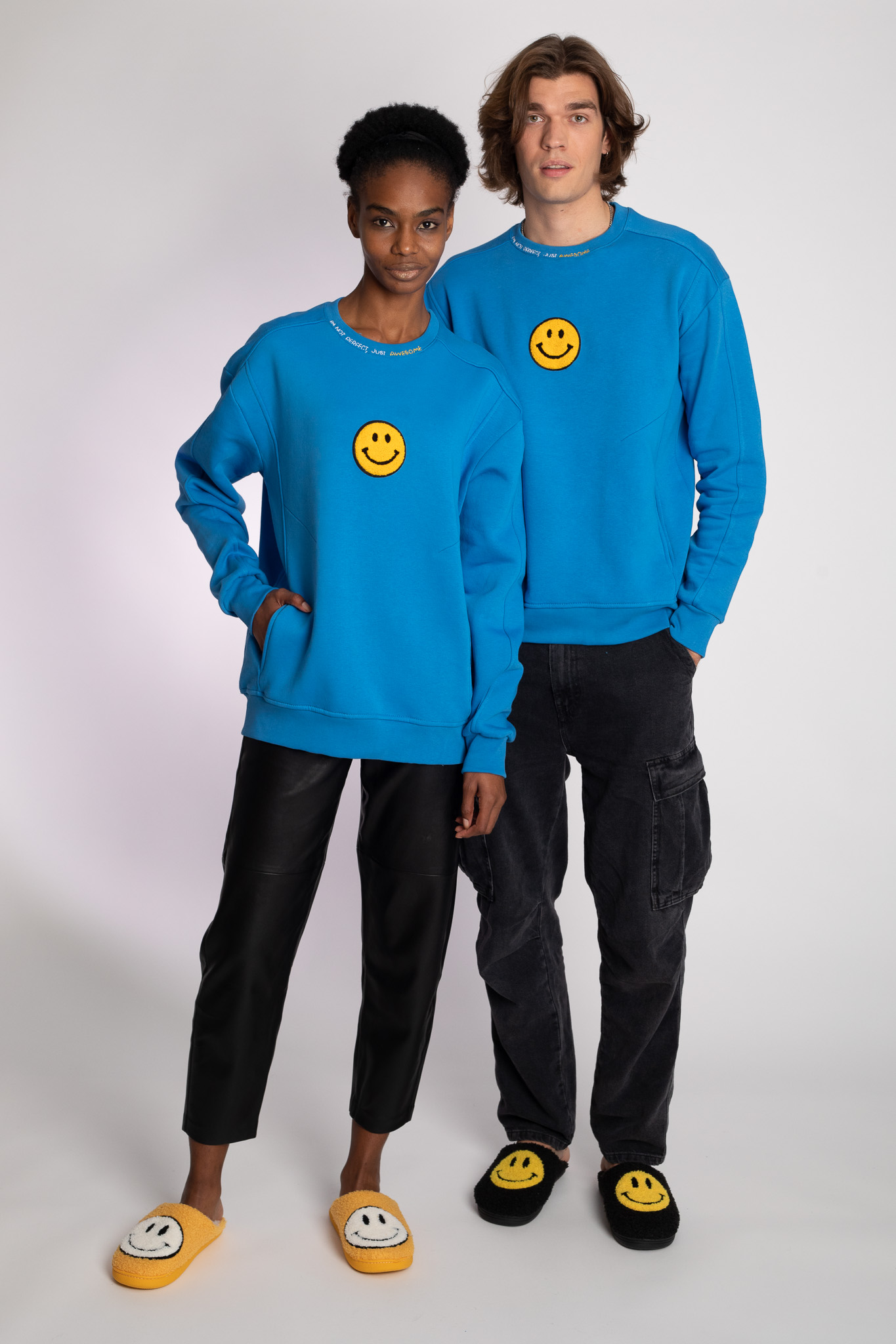 smiley face embroidered blue sweatshirt unisex