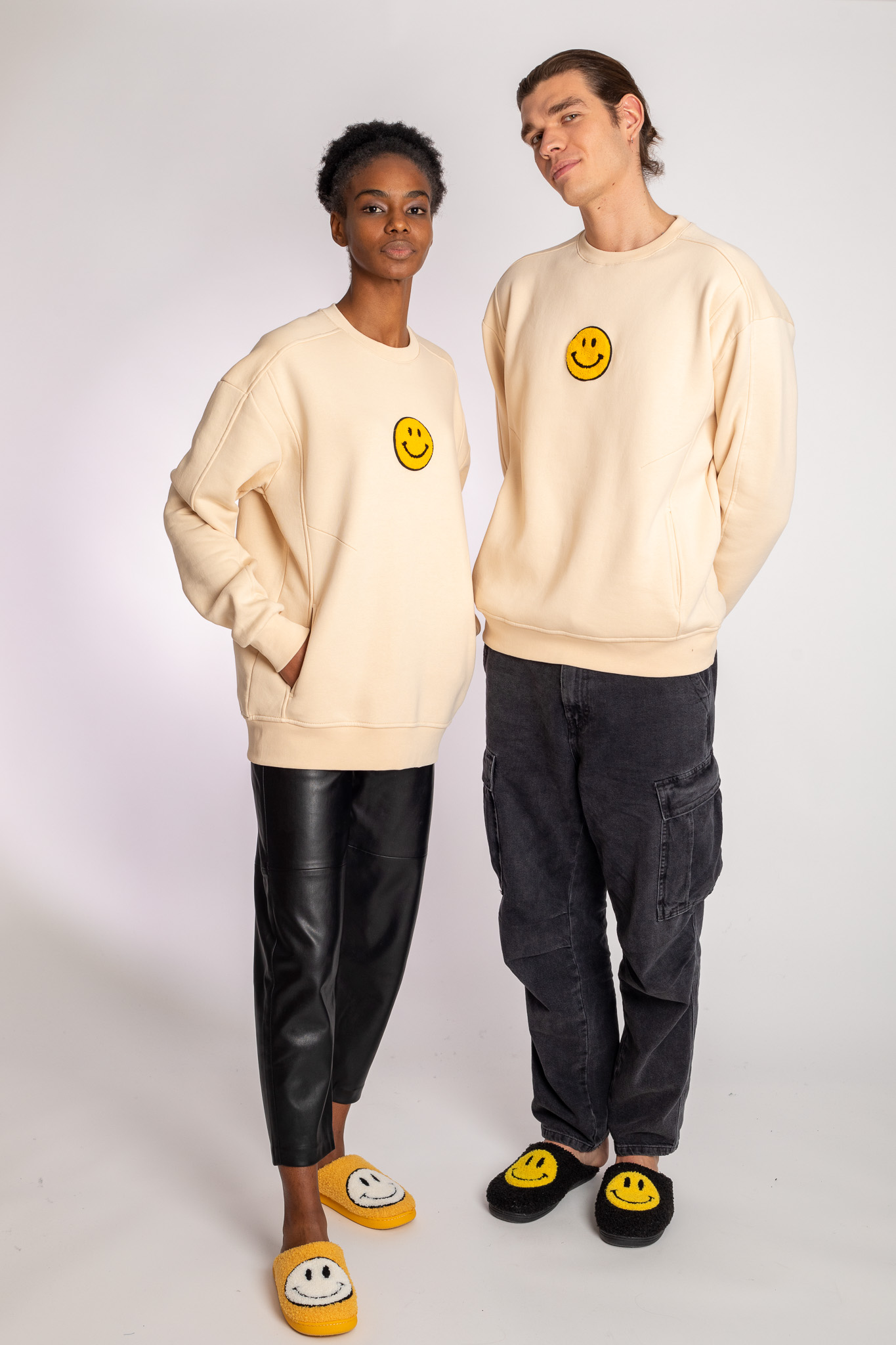 smiley face beige sweatshirt unisex